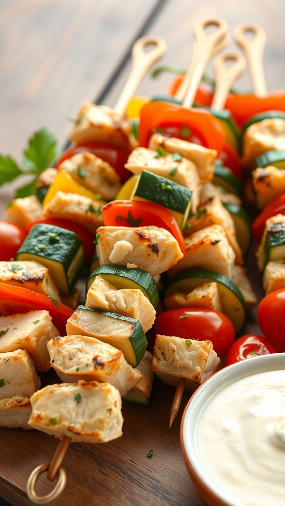 Grilled kabobs with chicken, bell peppers, zucchini, and cherry tomatoes on skewers, served with dipping sauce.